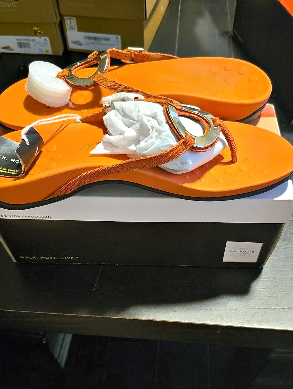 Vionic Karina Thong Sandal Slingback Orange Lizard NIB